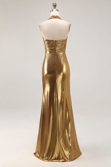 Gouden Halter Metallic Ruched Lange Formele Jurk met Split